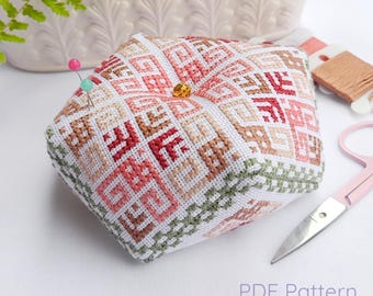 Easy Cross stitch chart and instructions to make Rose Cocoa Biscornu. Digital PDF Instant Download Pattern. Autumn needlework pattern.