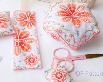 Complete Peach Blossom Cross-Stitch Bundle.  Spring embroidery Full Set: Biscornu, Bookmark, and More.
