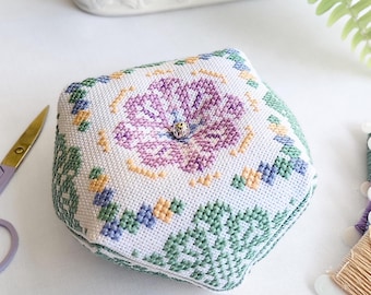 Lavender Mosaic Biscornu Cross Stitch Pattern | Floral Geometric PDF Pattern