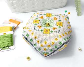 Golden Orchard Biscornu – Spring Floral Cross Stitch Pattern (Digital PDF Download)