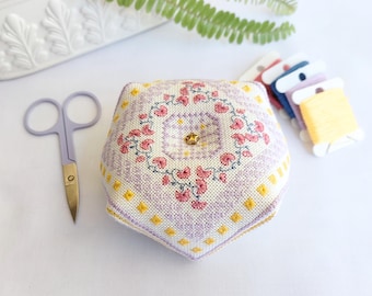Blossom Trellis Biscornu Embroidery Pattern, Floral Pincushion PDF Download