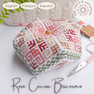 Easy Cross stitch chart and instructions to make Rose Cocoa Biscornu. Digital PDF Instant Download Pattern.