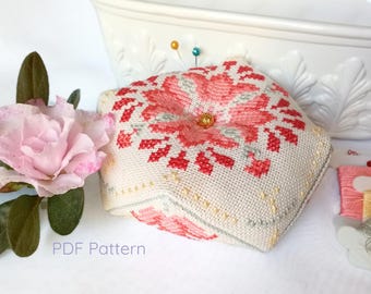 Dahlia Biscornu Cross Stitch Pattern: Floral Embroidery Design (PDF Download)