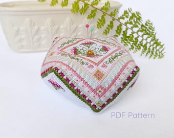 Biscornu cross stitch chart and instructions in PDF format. Spring counted embroidery charts and directions to make your own Tulips Biscornu