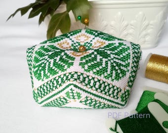 Emerald Palm Biscornu Cross Stitch Pattern: Modern Pin Cushion (PDF Download)