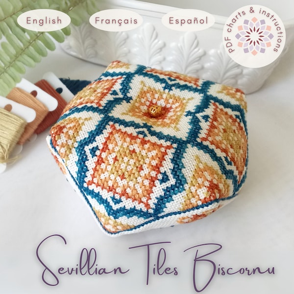 Embroider Sevilla's Beauty: Biscornu Cross Stitch Pattern & Easy to follow Pin Cushion mounting tutorial in digital format.