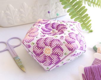 Periwinkles Biscornu Cross Stitch Pattern: Floral Pin Cushion (PDF Pattern and Instructions)