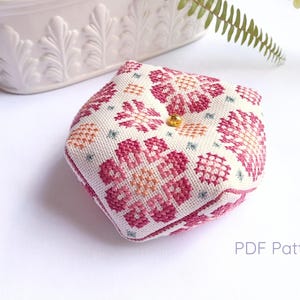 Biscornu Cross stitch pattern for pin cushion. Includes special stitches & mounting instructions. Counted cross stitch. Needlepoint charts.