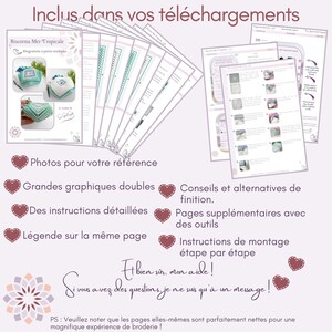 French infographic displaying 12 product pages: includes pictures, color and black & white charts with symbols, and mounting instructions. Pages bordered by descriptive text highlighting product features.