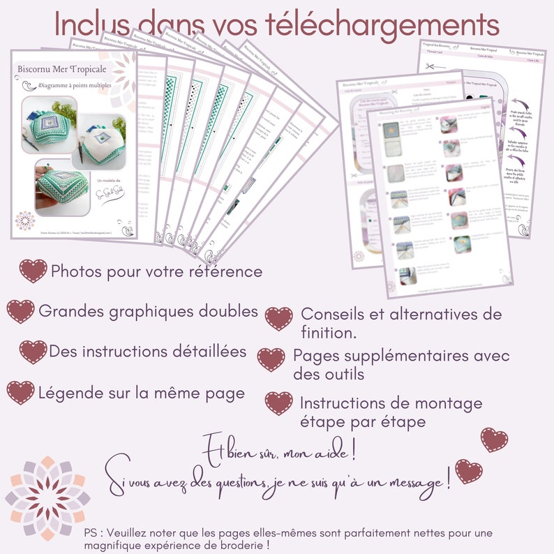 French infographic displaying 12 product pages: includes pictures, color and black & white charts with symbols, and mounting instructions. Pages bordered by descriptive text highlighting product features.