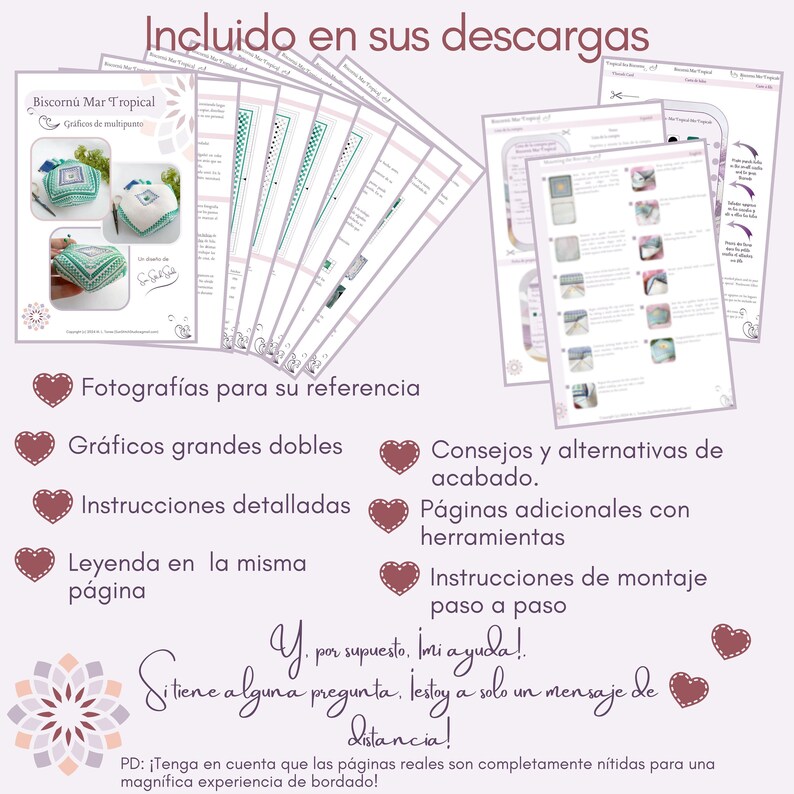 Spanish infographic displaying 12 product pages: includes pictures, color and black & white charts with symbols, and mounting instructions. Pages bordered by descriptive text highlighting product features.