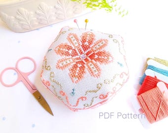 Peach Blossom Biscornu Cross Stitch Pattern: Spring Embroidery Pincushion (PDF Pattern)