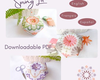 Spring Biscornu Cross-Stitch Patterns: Floral Needlecraft Bundle (PDF)