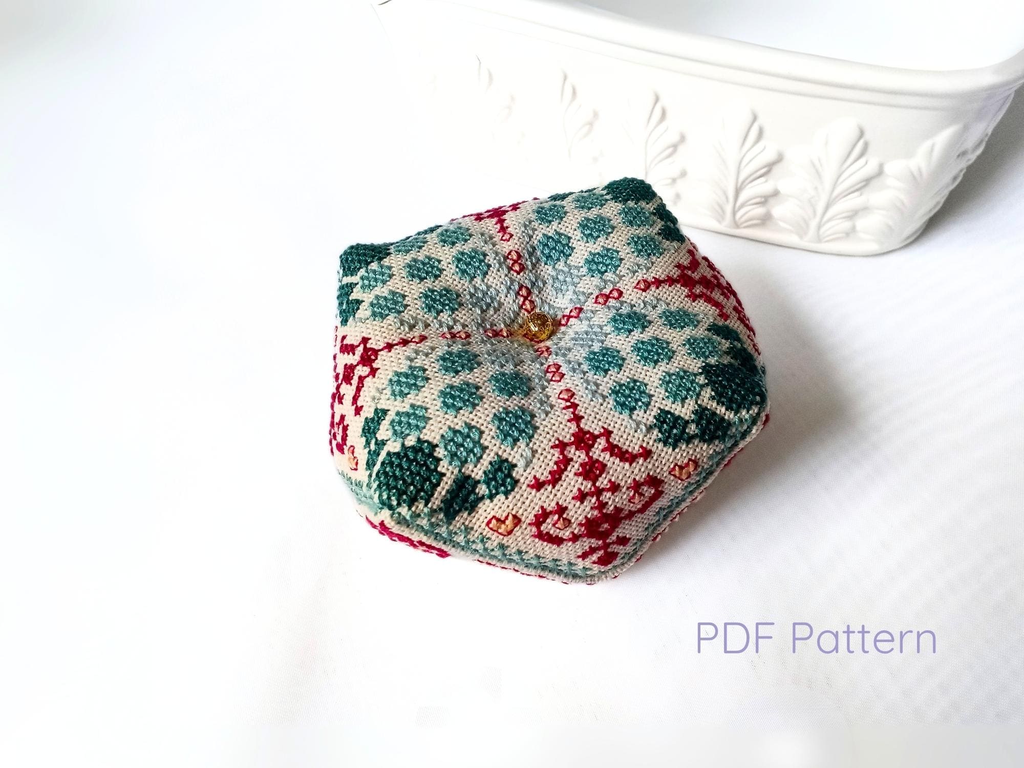 Maelstrom Biscornu cross stitch pattern and instructions.  PDF Instant Download chart and directions to DIY. Modern embroidered pin cushion.