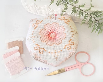 Cosmos Biscornu Cross Stitch Pattern: Spring Pincushion (PDF Downloadable Chart and Instructions)