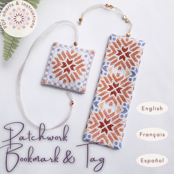 Bookmark and Tag Cross stitch patterns and instructions. Customizable gift for patchwork  stitcher. Modern embroidery.