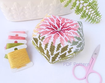Foliage Biscornu Cross Stitch Pattern: Colorful Leaves, Botanical Embroidery (PDF Download)