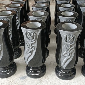 Hand Carved Rose Black Granite Memorial Vase - Headstone Flower Holder