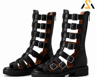 Black Leather Gladiator sandal, Chunky Sole Summer Sandals, Ancient Greek Style