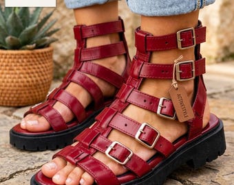 Red Leather Gladiator sandal, Chunky Sole Summer Sandals, Ancient Greek Style