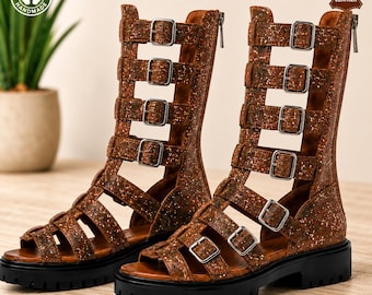 Braune Gladiator-Sandalen aus Leder, Sommersandalen mit dicker Sohle, im Stil des antiken Griechenlands