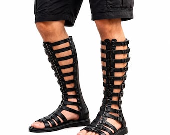 Black Gladiator Genuine Leather Sandals, Handmade Greek Roman Style Strappy Summer Shoes,