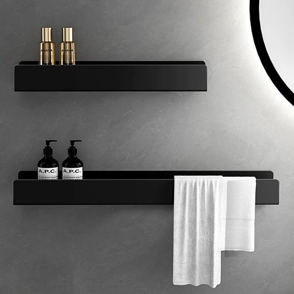 Étagère de rangement de salle de bain noire, étagères flottantes, minimaliste, industriel, étagères de luxe légères articles ménagers rangement mural