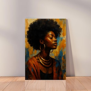 AfroModern Icon in Golden Blue | Digital Black Woman Portrait | Afrocentric Abstract Art Print | Vibrant Melanin Wall Decor | Digital
