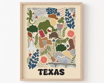 Texas State Symbol Poster Print, Texas Wall Art, Texas Travel Poster, Texas Room Decor Art, Texas Poster, Texas State Symbols Illustration