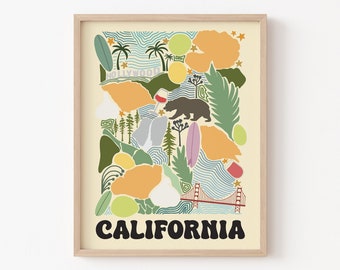 May include: A framed print with a colorful illustration of California landmarks, including the Golden Gate Bridge, the Hollywood sign, palm trees, and a bear. The text "CALIFORNIA" is written in a retro font at the bottom of the print.