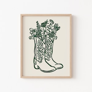 Botas de vaquero florales de color verde bosque, botas de vaquera con flores, estampado de ramo de flores, arte floral, póster artístico de florero de bota, 11x14 pulgadas