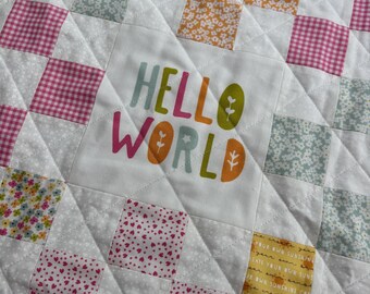Handmade Baby Girl Quilt: Pink, Yellow, & Teal bright Nine-patch