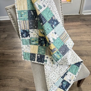 Handmade Baby Boy Quilt: Teal & Navy Boho, with Arrows and Mountains