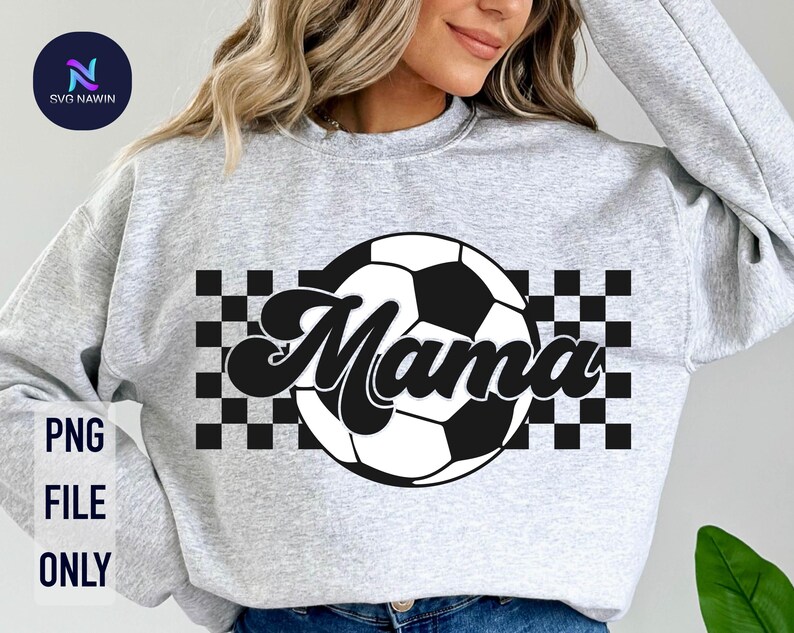 May include: Gray sweatshirt with a black and white checkered design and a soccer ball with the word "Mama" in a retro font.