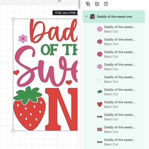 May include: Red, green, and pink layered design with the text "Dad of the Sweet One" and a strawberry graphic.