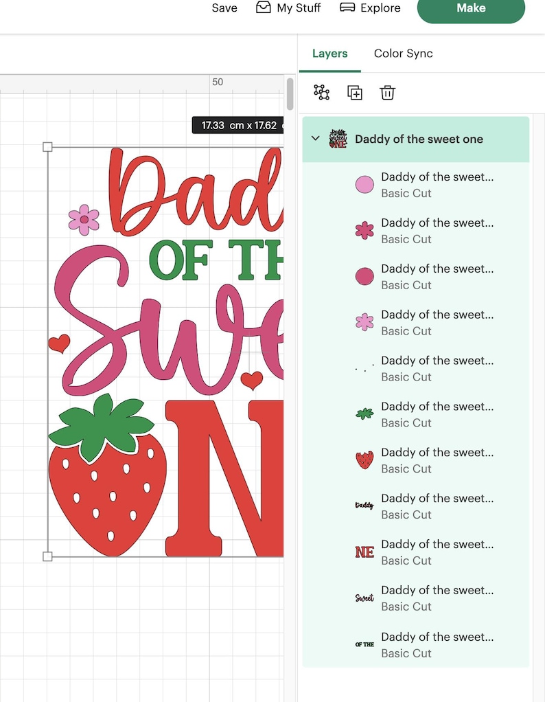 May include: Red, green, and pink layered design with the text "Dad of the Sweet One" and a strawberry graphic.
