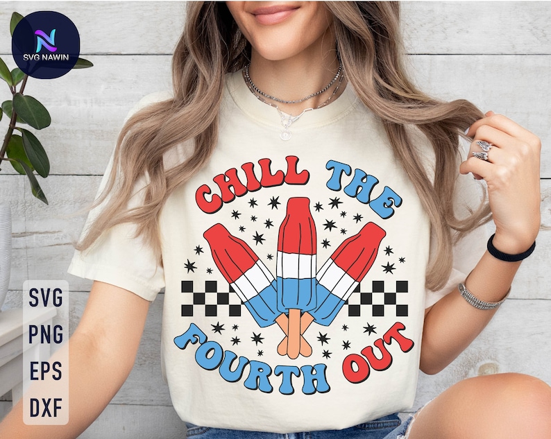 May include: A white t-shirt with a red, white, and blue graphic that says "Chill the Fourth Out". The graphic features three popsicles with red, white, and blue stripes.