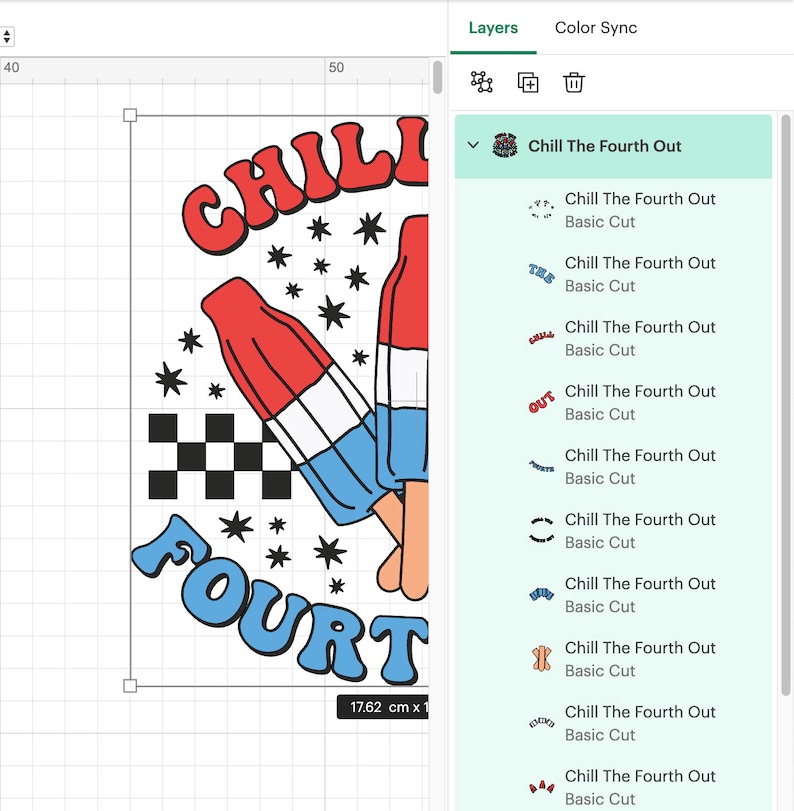 May include: A digital design featuring a red, white, and blue popsicle with the text "Chill The Fourth Out" in a retro font. The design also includes stars and a checkered pattern.