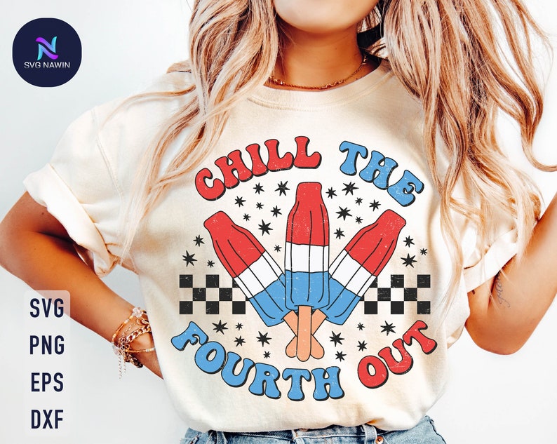 May include: A white t-shirt with a graphic design of three red, white, and blue popsicles with the text "Chill the Fourth Out" in a retro font.