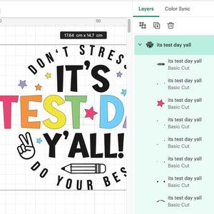 May include: A colorful graphic design with the text "DON'T STRESS IT'S TEST DAY Y'ALL! DO YOUR BEST" in black. The graphic includes a peace sign, a pencil, and stars.