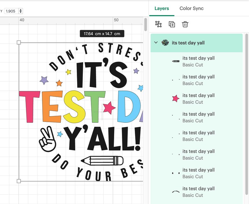 May include: A colorful graphic design with the text "DON'T STRESS IT'S TEST DAY Y'ALL! DO YOUR BEST" in black. The graphic includes a peace sign, a pencil, and stars.