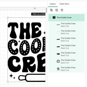 May include: A black and white design for a cookie-themed craft project. The design says "The Cookie Crew" in a retro font with a rolling pin underneath.