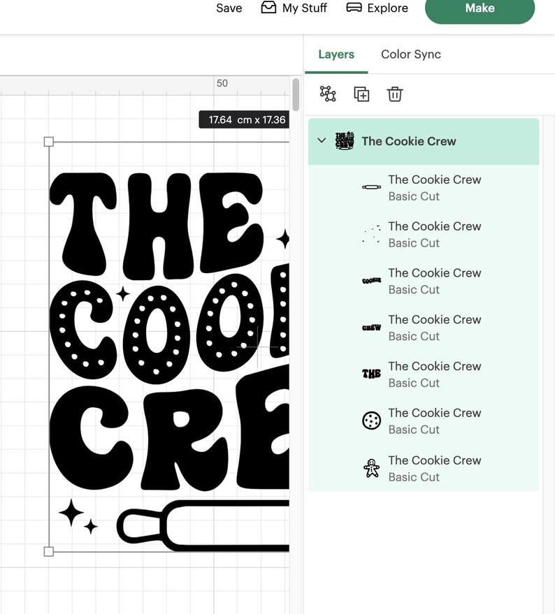 May include: A black and white design for a cookie-themed craft project. The design says "The Cookie Crew" in a retro font with a rolling pin underneath.
