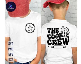 May include: White t-shirt with black text that reads "The Cookie Crew" and a gingerbread man graphic.