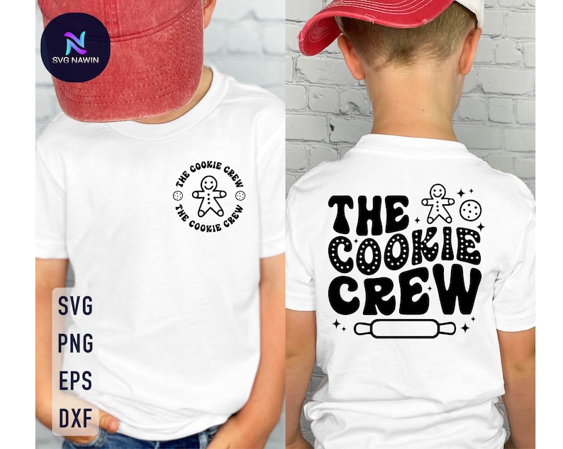 May include: White t-shirt with black text that reads "The Cookie Crew" and a gingerbread man graphic.