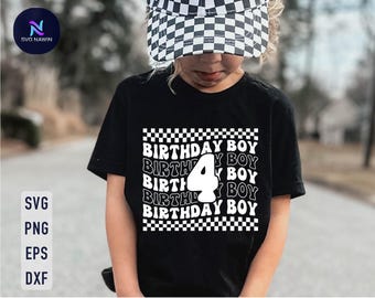 May include: A black t-shirt with a white checkered border and the text "Birthday Boy" repeated multiple times. The number "4" is in the center of the design.