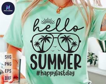May include: A light green t-shirt with a black graphic design that says "hello summer" with a sun and sunglasses with palm trees inside. The text "#happylastday" is below the sunglasses.