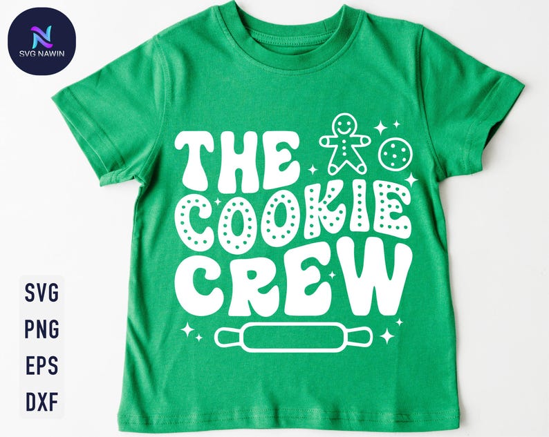 May include: Green t-shirt with white text that says "The Cookie Crew" and a gingerbread man and cookie graphic.