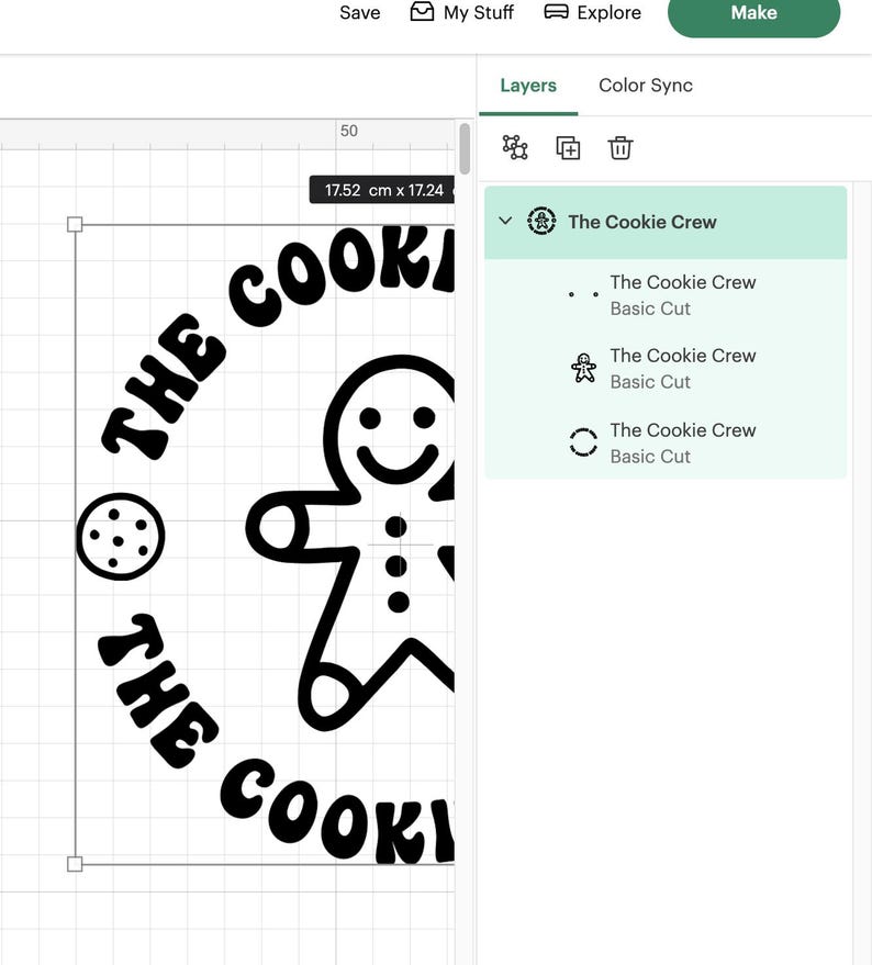 May include: Black and white design of a gingerbread man with the text "The Cookie Crew" in a circle around him.