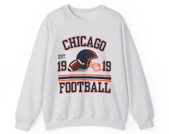 Sudadera vintage de fútbol americano de Chicago: cuello redondo retro en azul marino y naranja